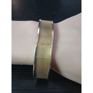 Vintage Gold Tone Mesh Hinged Bangle Bracelet Wide Textured Cuff Snap Closure
